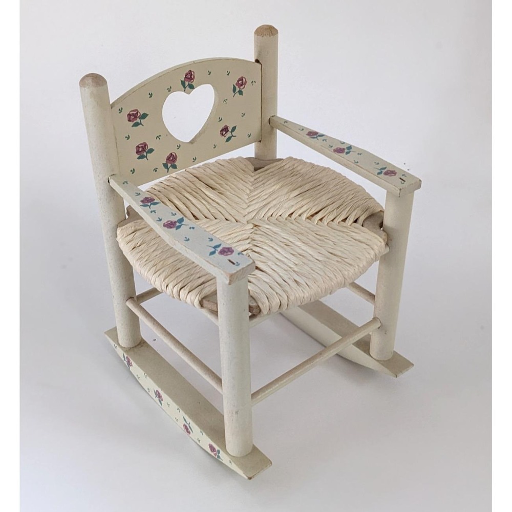 Vintage Miniature Wooden Rocking Chair Heart Cutout Rose Floral Woven Seat 8"